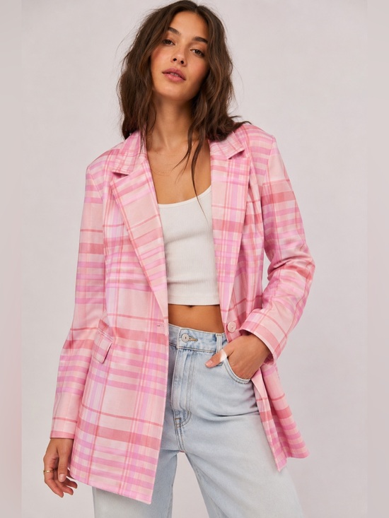 ASOS Jackets & Blazers - ASOS Design Pink Plaid Oversized Longline Blazer US 6 Preppy Chic